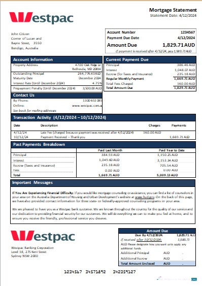 Download Australia Westpac bank mortgage statement scr Photoshop template